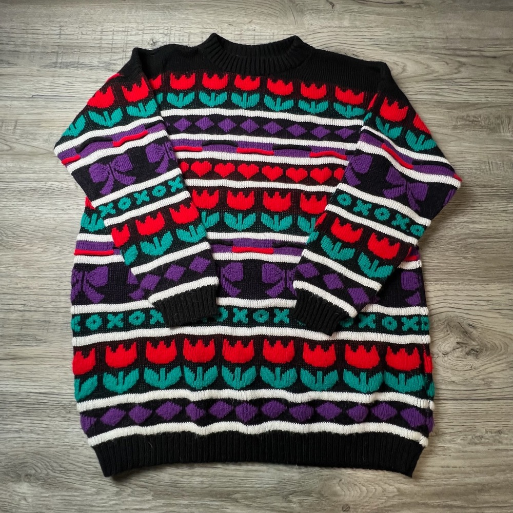 Vintage Sweater Womens XL Black Multi Tulip Heart Bow Knit Retro Grandmacore Z37